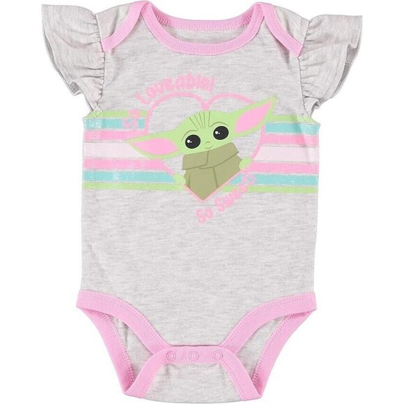 Star Wars Baby Yoda Girls 3-Piece Set With Bodysuit Pants Headband Pnk Grey 6-9M - Picture 5 of 5